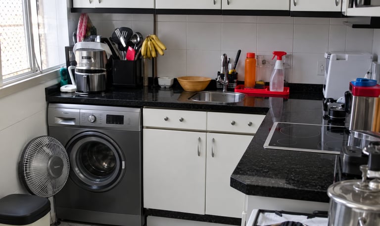 Modern kitchen with black countertops, white cabinets, washing machine, dishware, cooking utensils, and storage containers on shelves